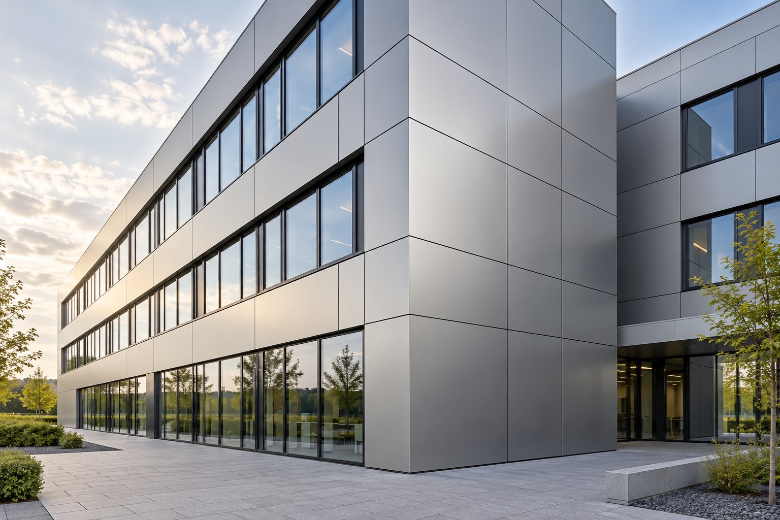 Beispiel einer silbergrauen Fassade aus großformatigen Aluminium-Verbundplatten